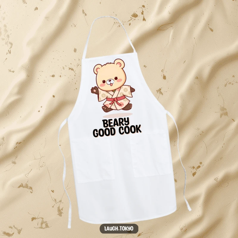 Funny playful bear cub in a patterned kimono doing a happy hop, printed on a functional and amusing kitchen apron.