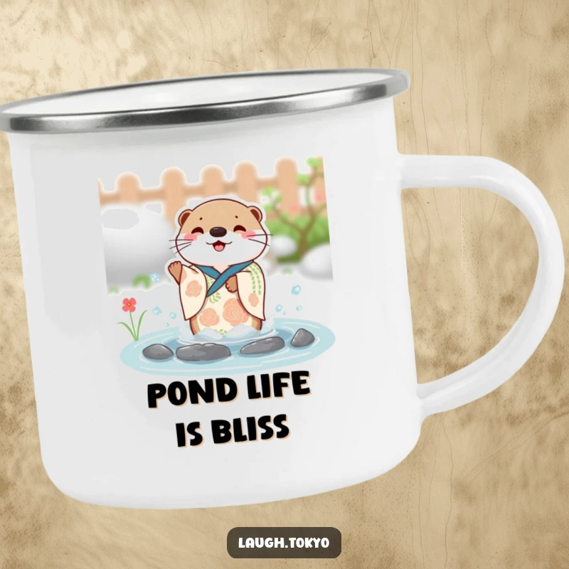 Funny charming otter in a festive kimono splashing with joy in a small pond, printed on a rugged camping mug.