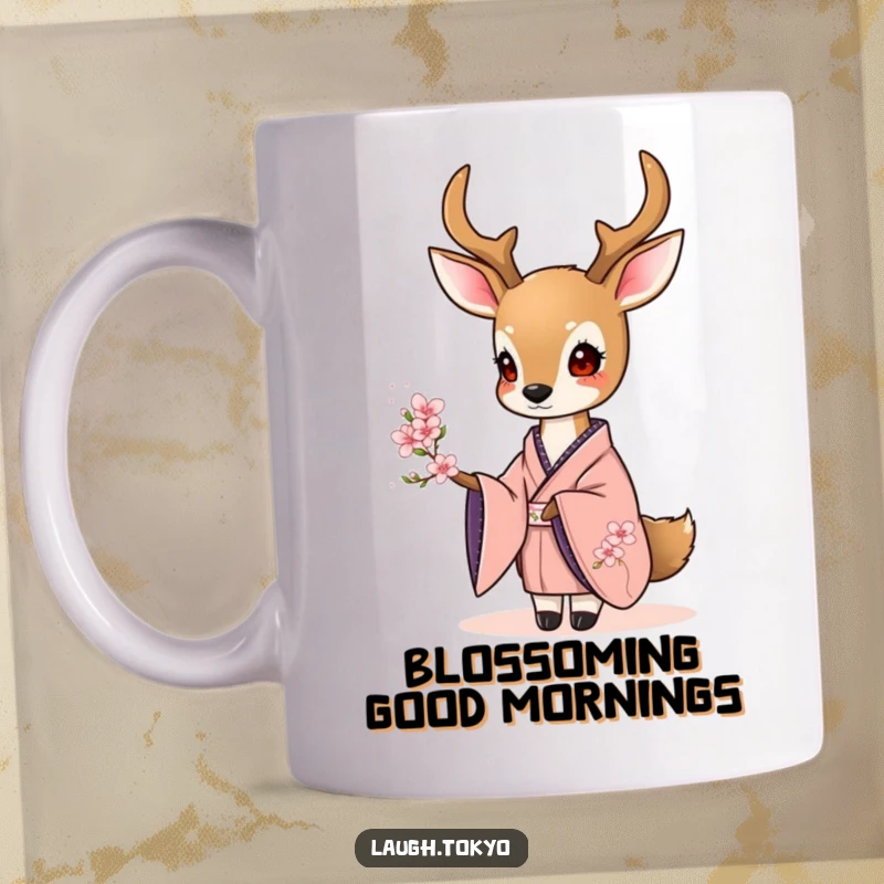 Funny sweet deer in an elegant kimono offering a tiny cherry blossom, depicted on a graceful mug.