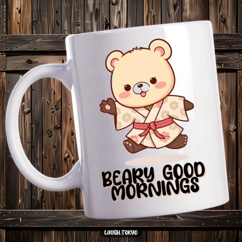 Funny playful bear cub in a patterned kimono doing a happy hop, depicted on a cheerful mug.