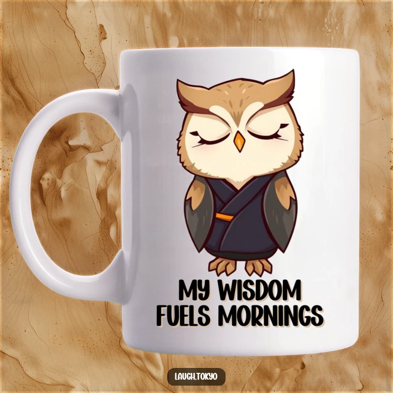 Funny owl in a dark, elegant kimono sits peacefully, embodying calm contemplation on this ceramic mug, a perfect gift.