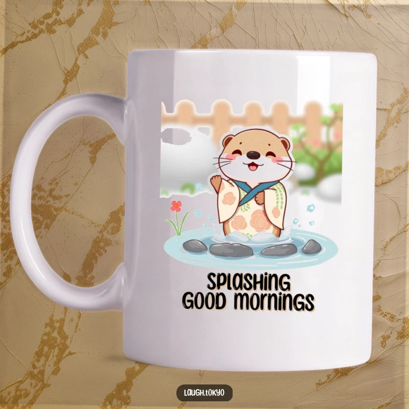Funny charming otter in a festive kimono splashing with joy in a small pond, depicted on a fun mug.