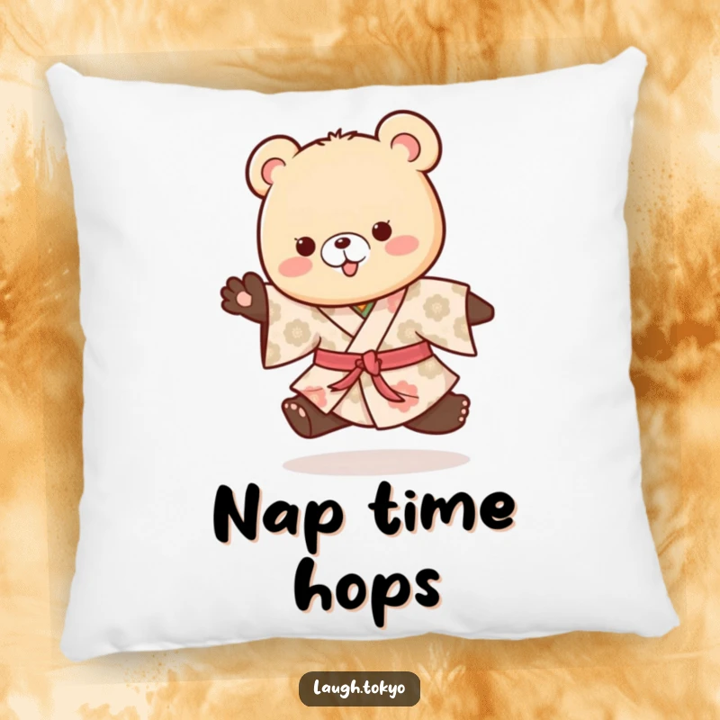 Funny playful bear cub in a patterned kimono doing a happy hop, featured on a soft and huggable decorative pillow.
