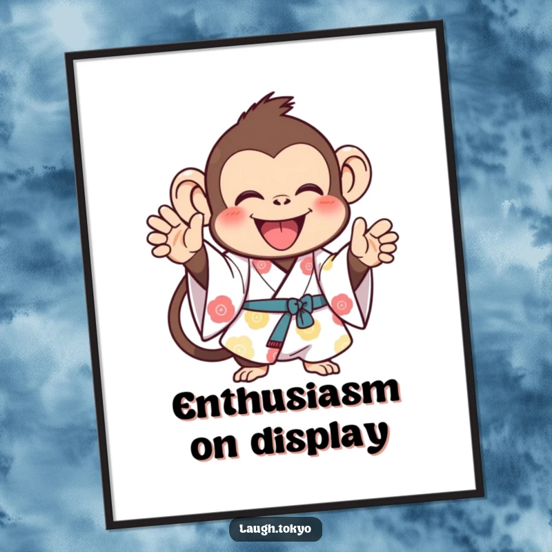 Funny monkey in a bright kimono, enthusiastically clapping, as a digital art print, offering downloadable joy and a humorous gift.