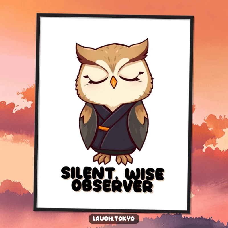 Funny owl in a dark, elegant kimono, gazing peacefully, as a digital art print, offering downloadable humor and a unique gift.
