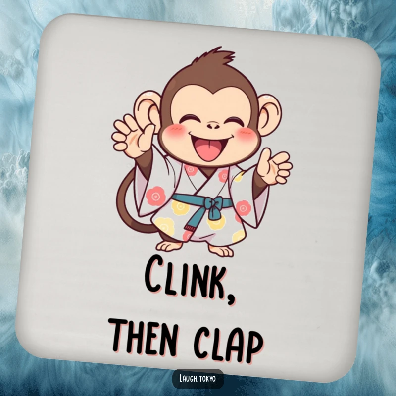 Funny monkey in a bright kimono, clapping joyfully, on a drink coaster, offering cheerful table protection and a humorous touch.