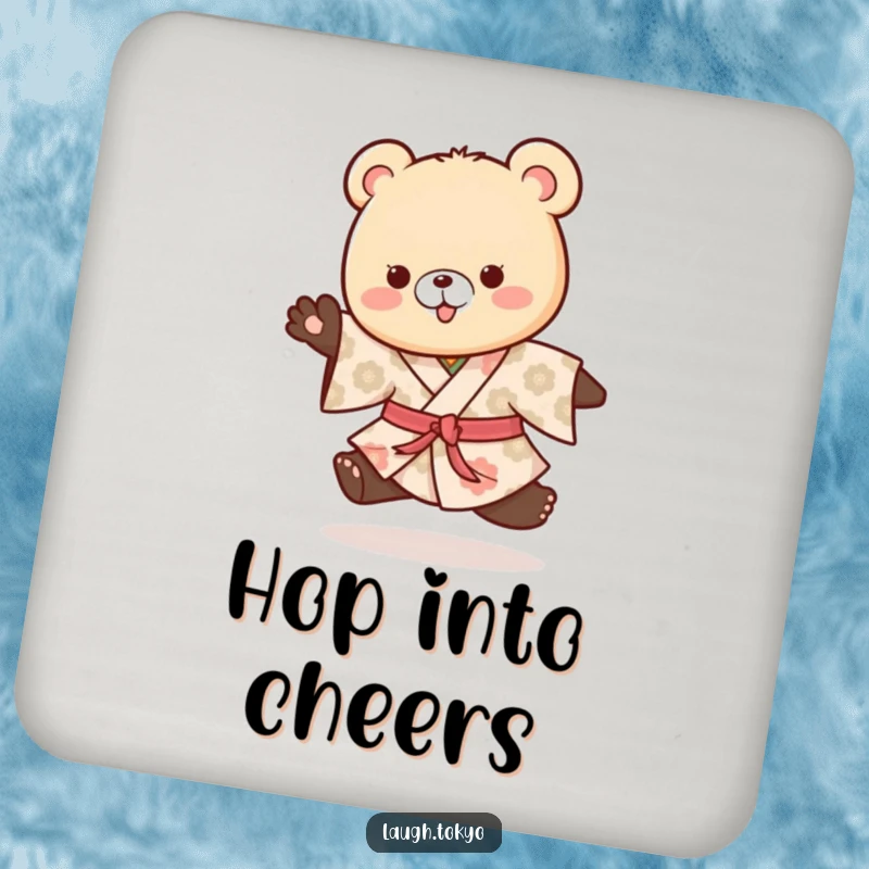 Funny playful bear cub in a patterned kimono doing a happy hop, depicted on a protective drink coaster.