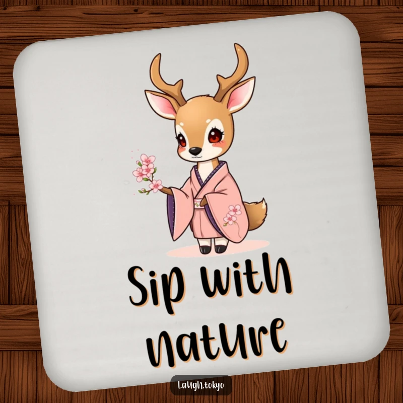 Funny sweet deer in an elegant kimono offering a tiny cherry blossom, depicted on a protective drink coaster.