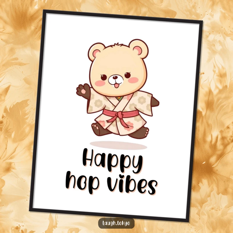 Funny playful bear cub in a patterned kimono doing a happy hop, presented as cheerful wall art.