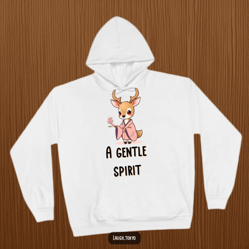Funny sweet deer in an elegant kimono offering a tiny cherry blossom, printed on a warm and cozy hoodie.