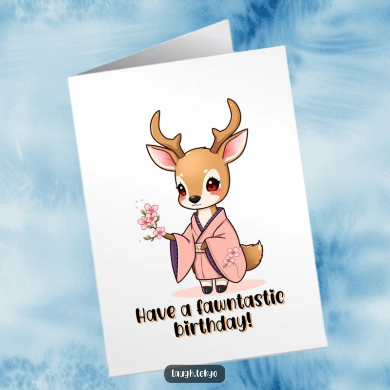 Elegant Free Printable Birthday Card: Sweet deer in kimono offering a tiny cherry blossom.