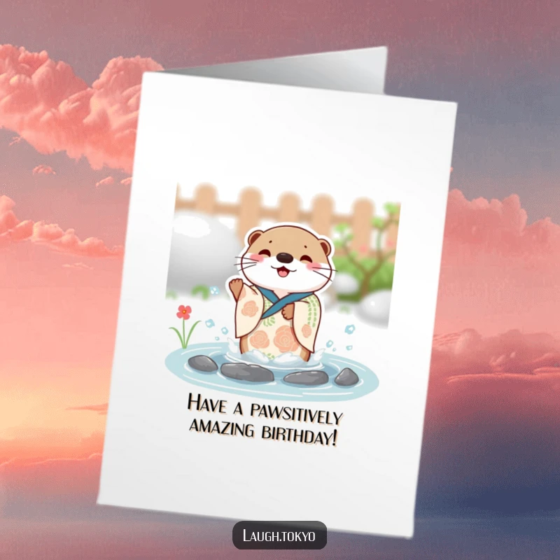 Funny Free Printable Birthday Card: Charming otter in festive kimono splashing with joy.