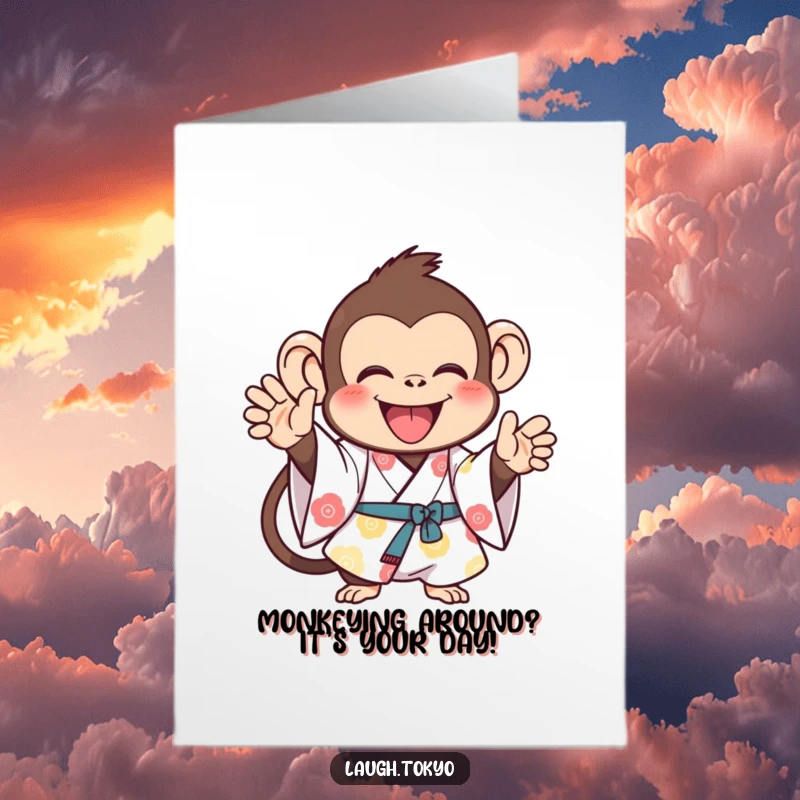 Funny Free Printable Birthday Card of a joyful monkey in a bright kimono, enthusiastically clapping.