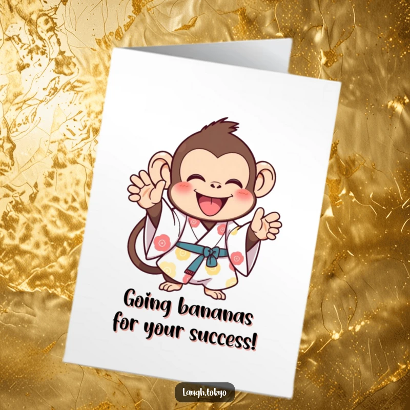 Funny Free Printable Congratulations Card of a joyful monkey in a bright kimono, clapping with excitement.
