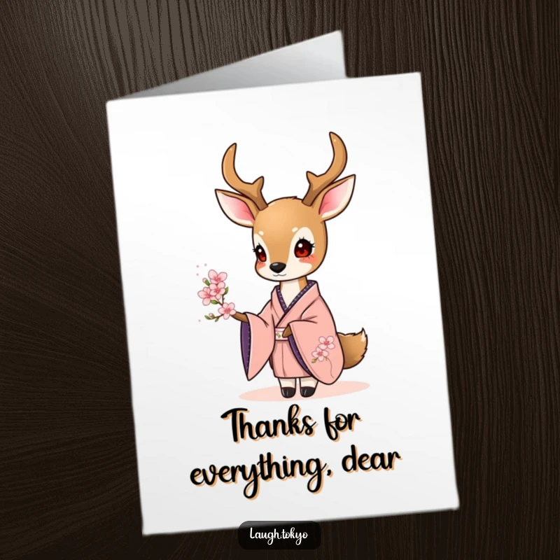 Elegant Free Printable Thank You Card: Gentle deer in kimono offering a tiny blossom.