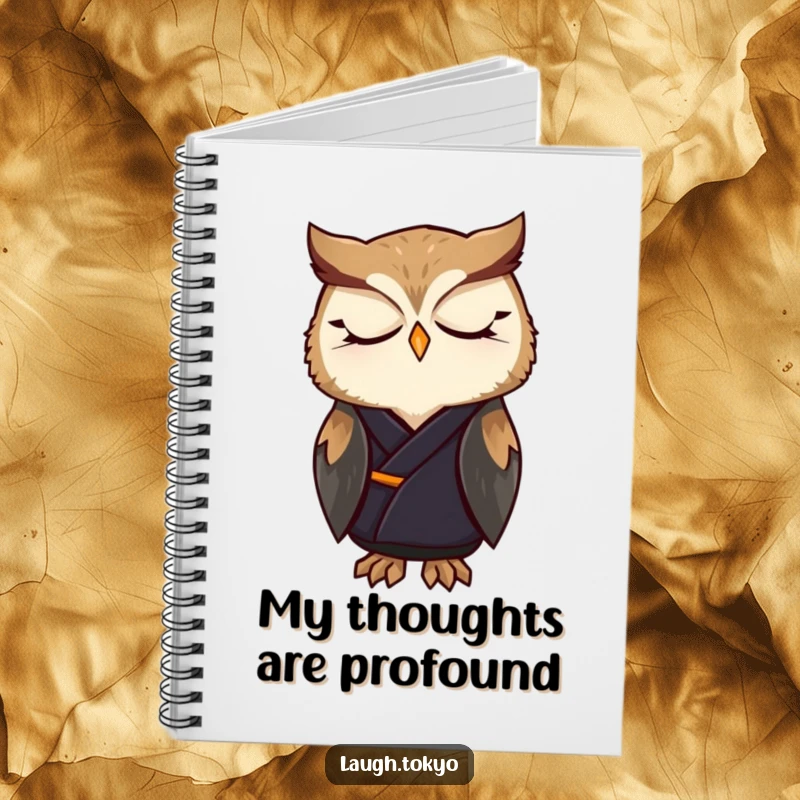 Funny owl in an elegant kimono, looking peaceful, on a notebook cover, ideal for serene journaling and funny gift-giving.
