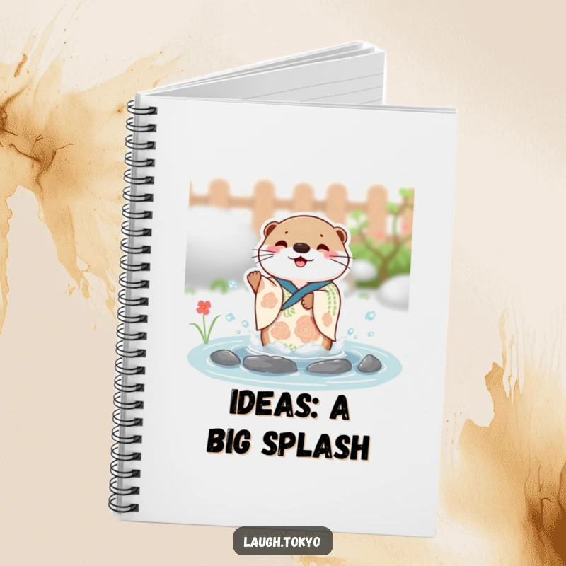 Funny charming otter in a festive kimono splashing with joy in a small pond, on the cover of this cute notebook.