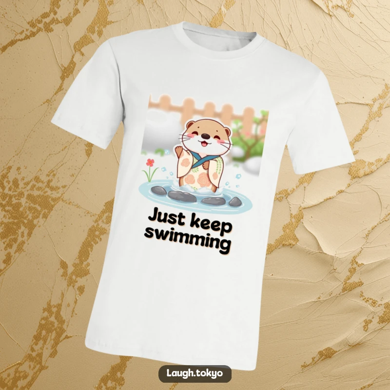 Funny charming otter in a festive kimono splashing with joy in a small pond, printed on a soft graphic tee.