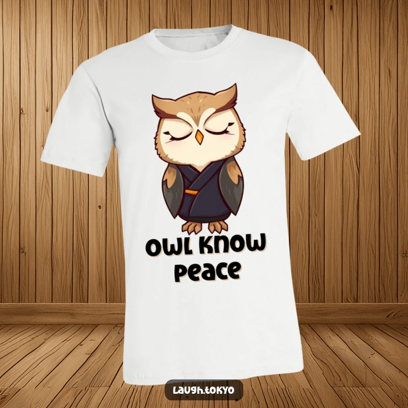 Funny owl in a sophisticated dark kimono, looking serene and elegant, printed on a comfortable t-shirt, a humorous gift.