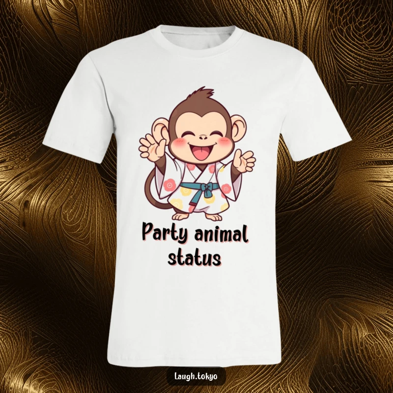 Funny monkey in a bright, festive kimono, clapping joyfully, printed on a comfortable t-shirt, a humorous and energetic gift.