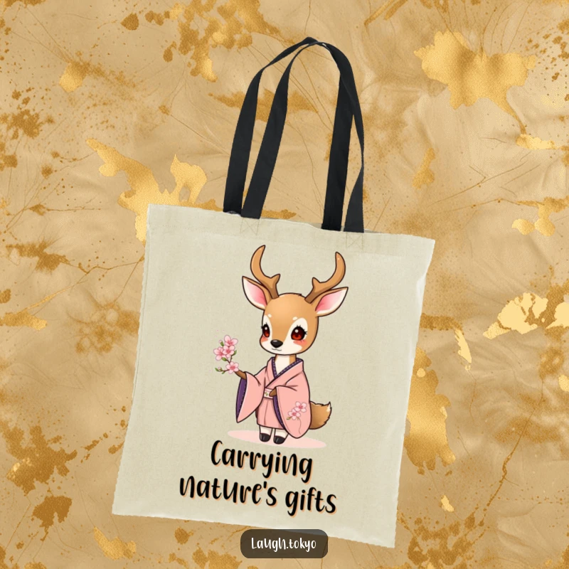 Funny sweet deer in an elegant kimono offering a tiny cherry blossom, designed on a durable and stylish tote bag.