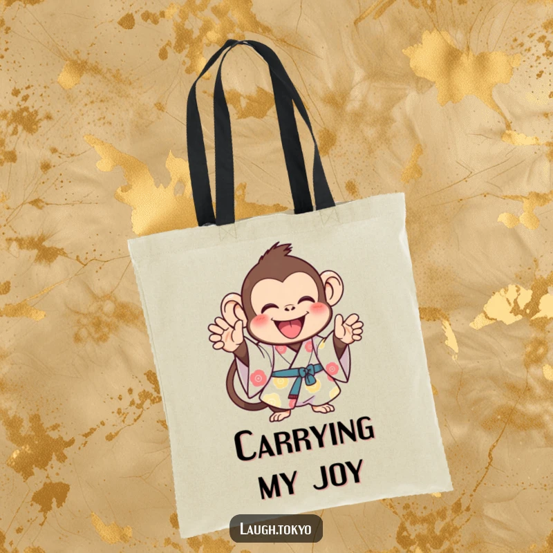 Funny monkey in a bright kimono, clapping joyfully, printed on a durable tote bag, a humorous and festive accessory.