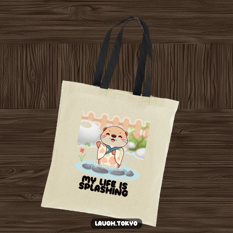 Funny charming otter in a festive kimono splashing with joy in a small pond, designed on a durable and stylish tote bag.