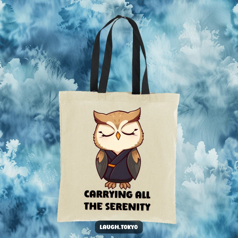 Funny owl wearing an elegant dark kimono, looking peaceful and content, featured on a durable tote bag, a humorous accessory.